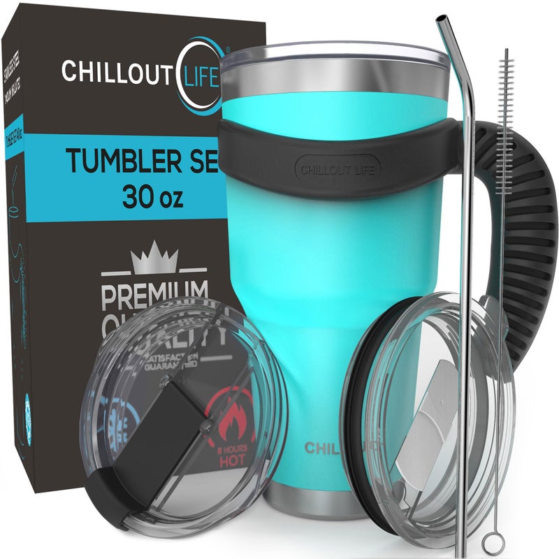 CHILLOUT LIFE Stainless Steel Travel Mug with Handle 30 oz â€“ 6 Piece Set. Tumbler with Handle, Straw, Cleaning Brush & 2 Lids. Double Wall Insulated Large Coffee Mug Bundle - Aqua Blue Powder Coated Tumbler - Image 1